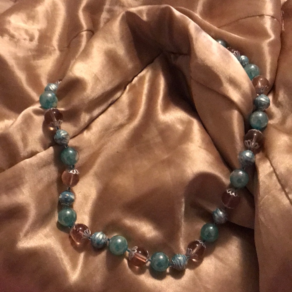 Teal clear and gold beaded necklace
